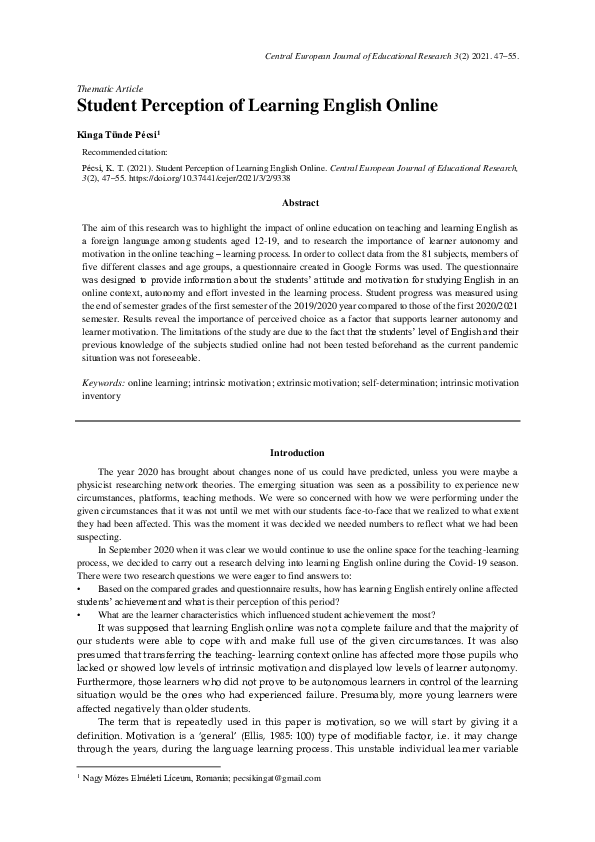 (PDF) Student Perception of Learning English Online