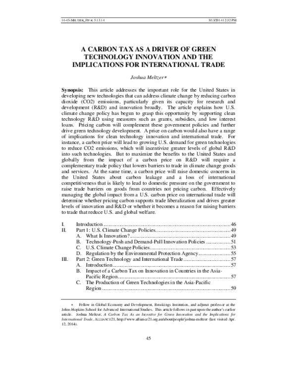 (PDF) A Carbon Tax as a Driver of Green Technology Innovation and the ...