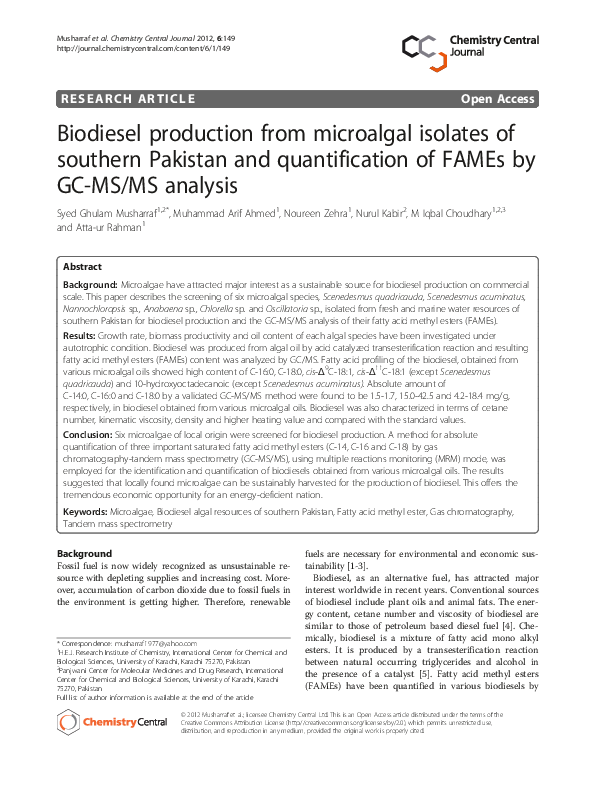 (PDF) Biodiesel production from microalgal isolates of southern ...