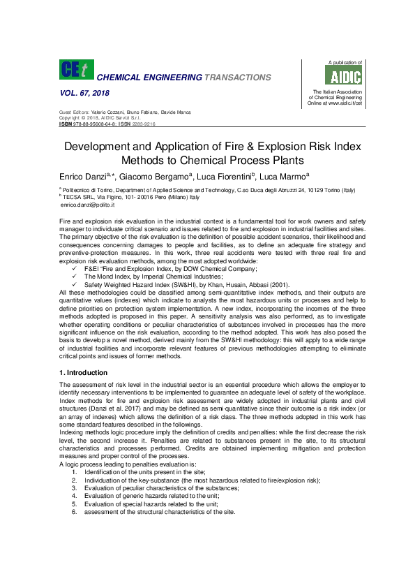 (PDF) Development and Application of Fire & Explosion Risk Index ...