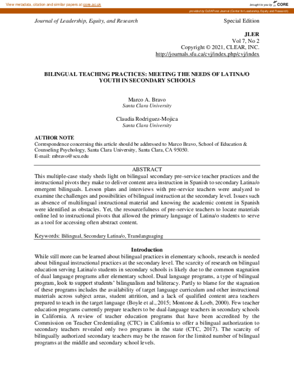 (PDF) Bilingual Teaching Practices: Meeting The Needs Of Latina/o Youth ...