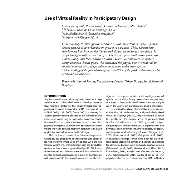 (PDF) Use of Virtual Reality in Participatory Design