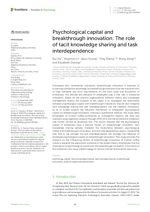 (PDF) Psychological capital and breakthrough innovation: The role of ...