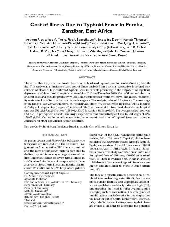 (PDF) Cost of illness due to typhoid Fever in pemba, zanzibar, East Africa
