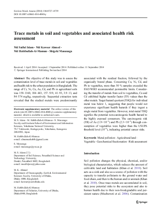 (PDF) Trace metals in soil and vegetables and associated health risk ...