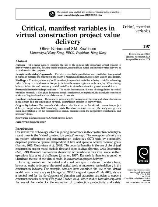 (PDF) Critical, manifest variables in virtual construction project ...