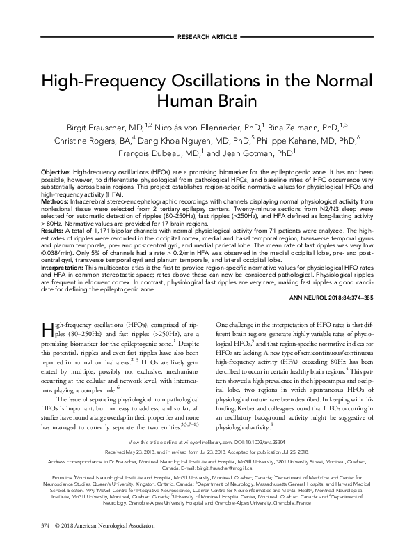 (PDF) High-Frequency Oscillations in the Normal Human Brain