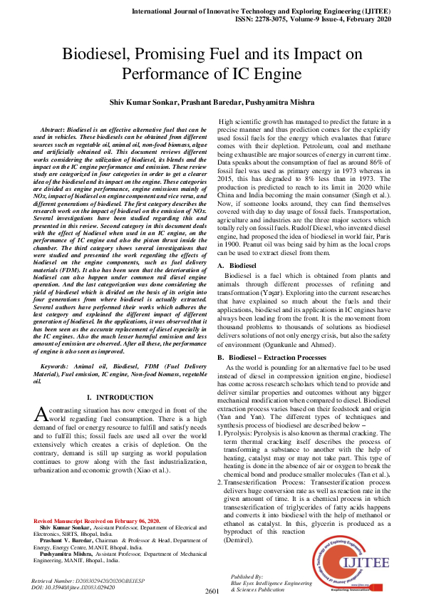 (PDF) Biodiesel, Promising Fuel and its Impact on Performance of IC Engine