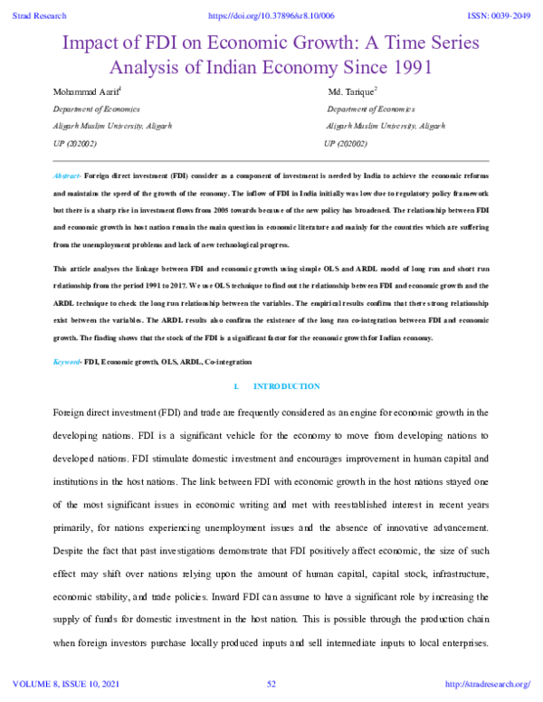 (PDF) Impact of FDI on Economic Growth: A Time Series Analysis of ...
