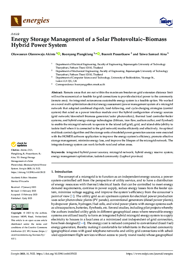 (PDF) Energy Storage Management of a Solar Photovoltaic–Biomass Hybrid ...