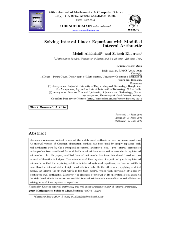(PDF) Solving Interval Linear Equations with Modified Interval Arithmetic
