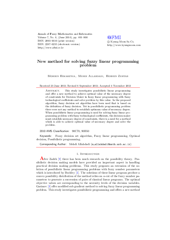 (PDF) New method for solving fuzzy linear programming problem