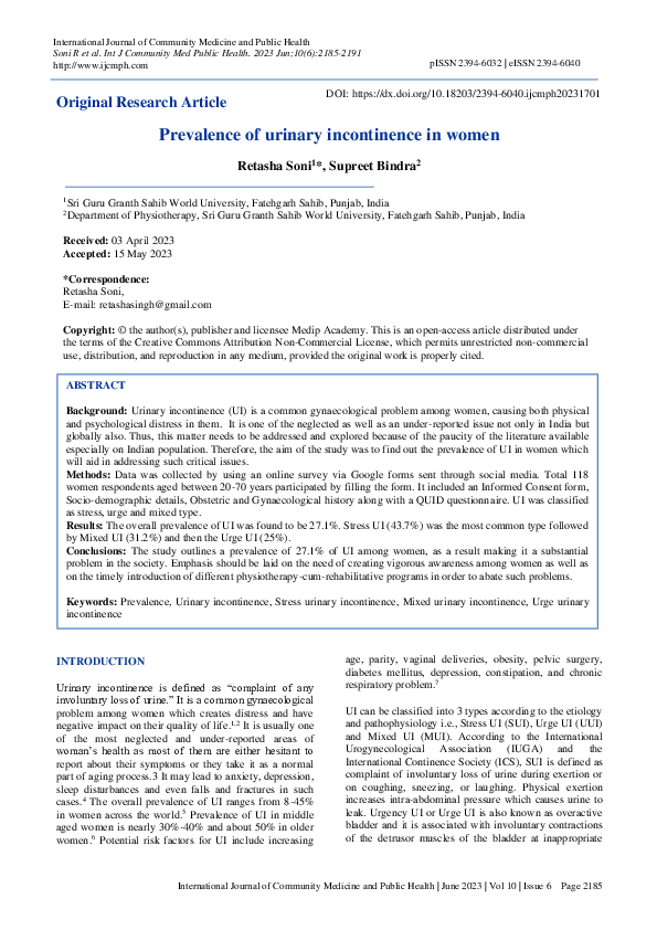 (PDF) Prevalence of urinary incontinence in women