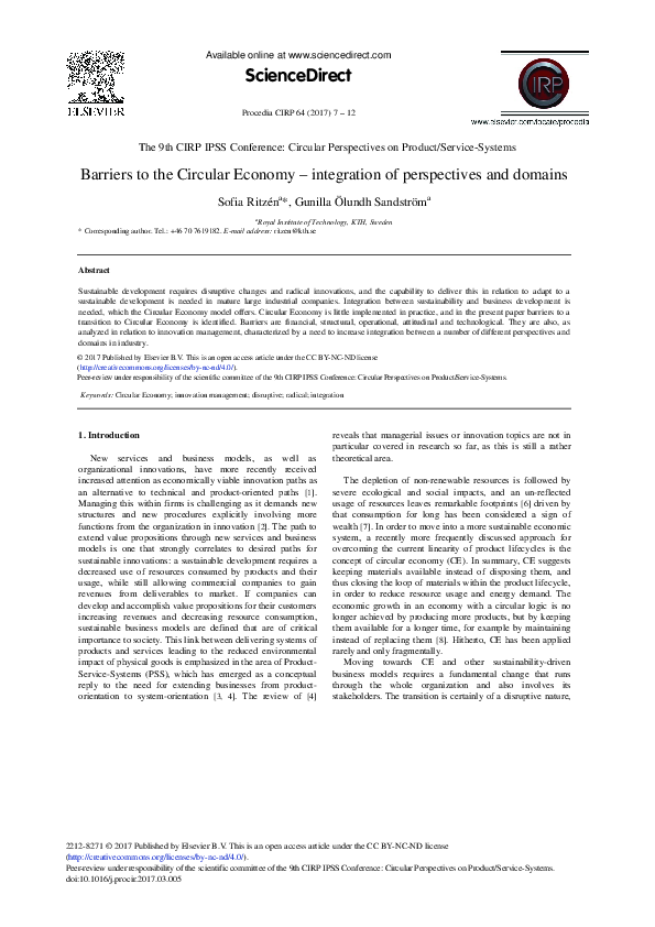 (PDF) Barriers to the Circular Economy – Integration of Perspectives ...