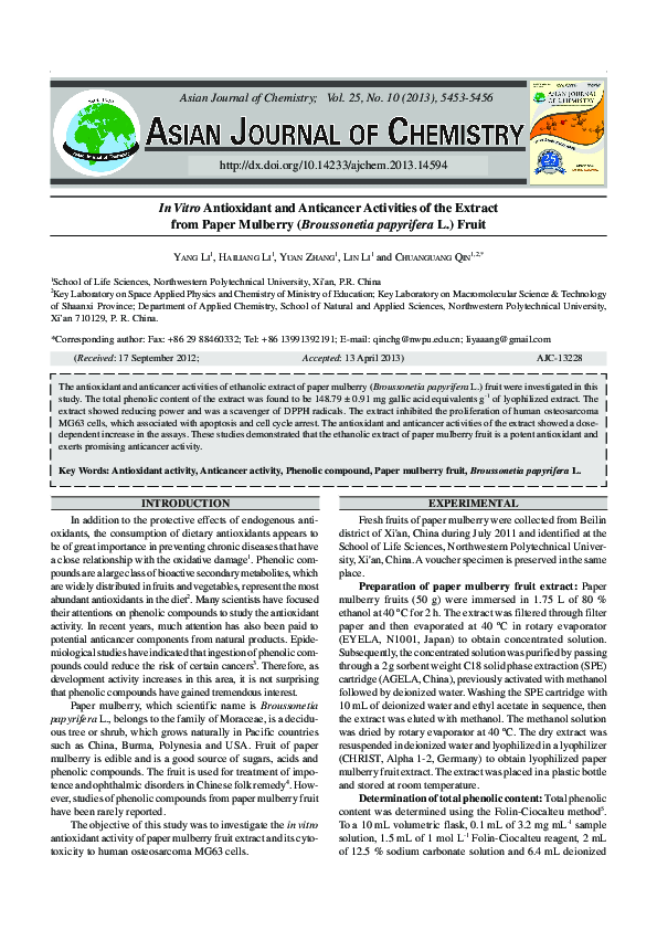 (PDF) In Vitro Antioxidant and Anticancer Activities of the Extract ...