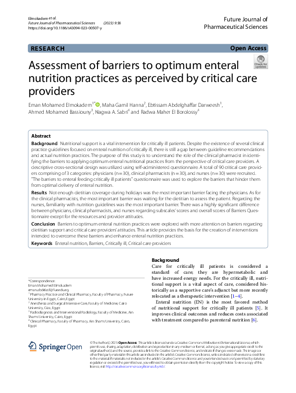 (PDF) Assessment of barriers to optimum enteral nutrition practices as ...
