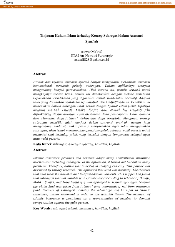 (PDF) Tinjauan Hukum Islam terhadap Konsep Subrogasi dalam Asuransi ...