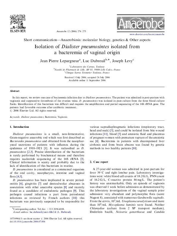 (PDF) Isolation of Dialister pneumosintes isolated from a bacteremia of ...