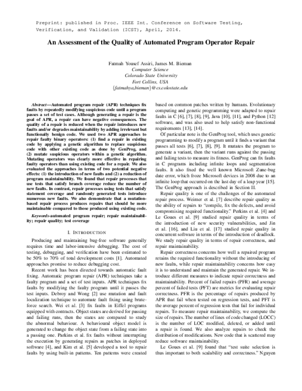 (PDF) An Assessment of the Quality of Automated Program Operator Repair