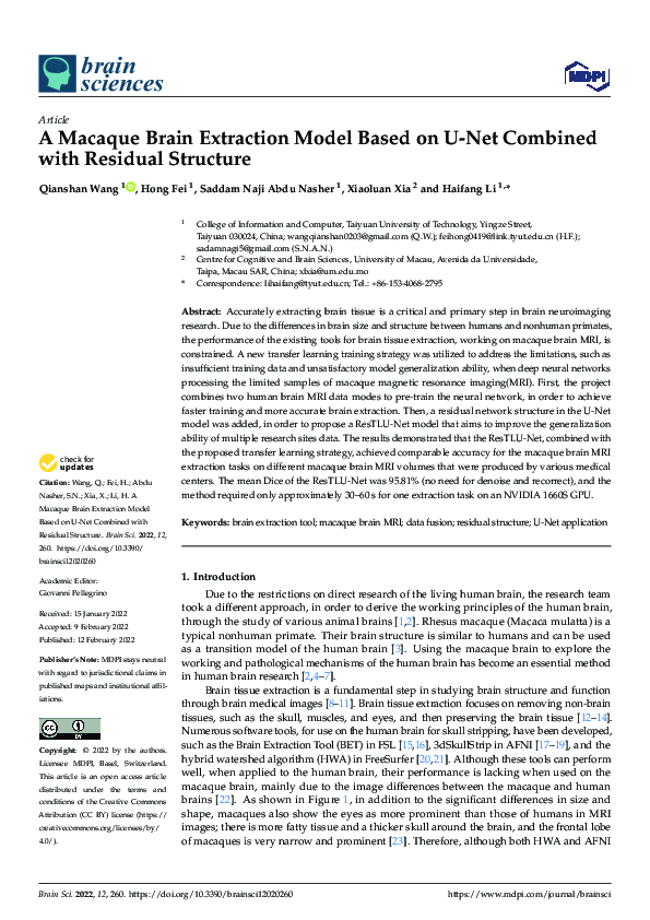 (PDF) A Macaque Brain Extraction Model Based on U-Net Combined with ...
