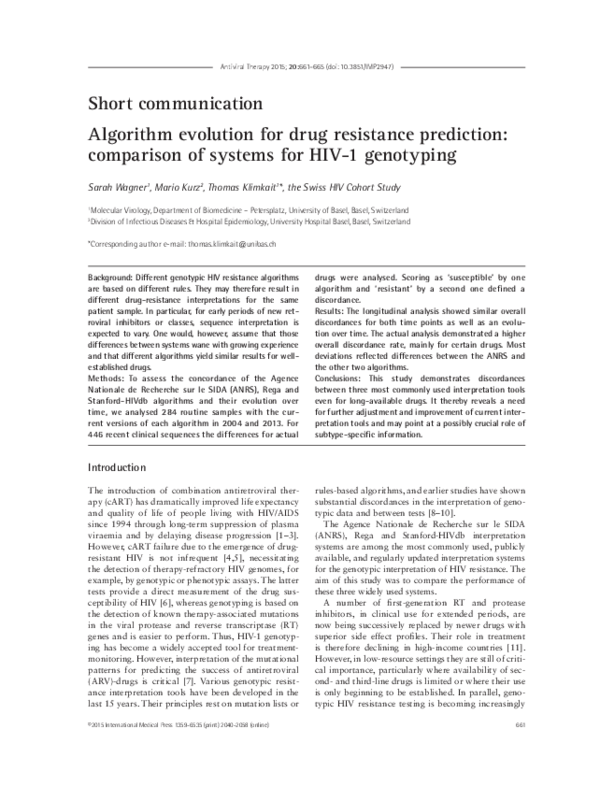 (PDF) Algorithm evolution for drug resistance prediction: comparison of ...