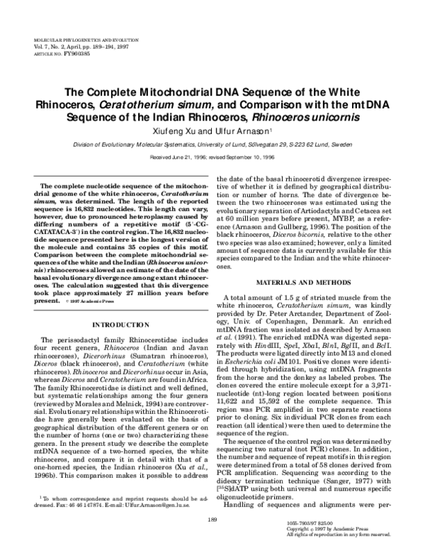 (PDF) The Complete Mitochondrial DNA Sequence of the White Rhinoceros ...