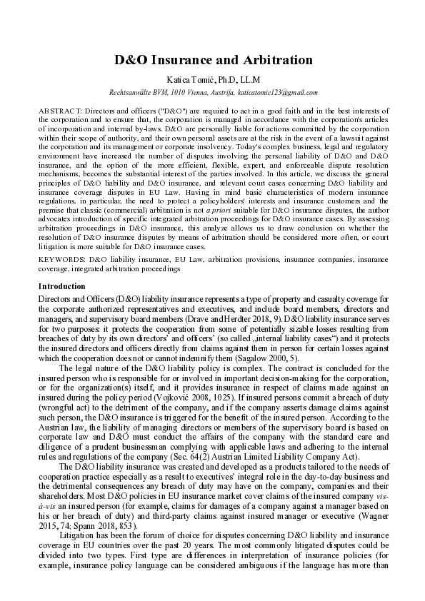 (PDF) D&O Insurance and Arbitration