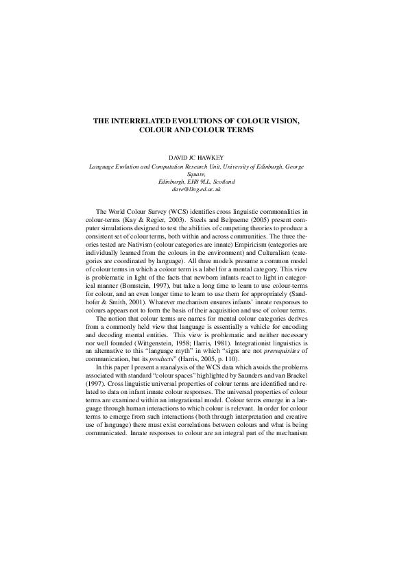 (PDF) The Interrelated Evolutions of Colour Vision, Colour and Colour Terms
