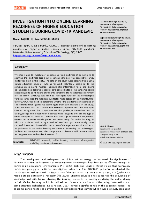(PDF) Investigation Into Online Learning Readiness of Higher Education ...