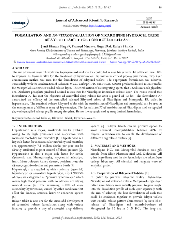 (PDF) Formulation and In-Vitro Evaluation of Nicardipine Hydrochloride ...