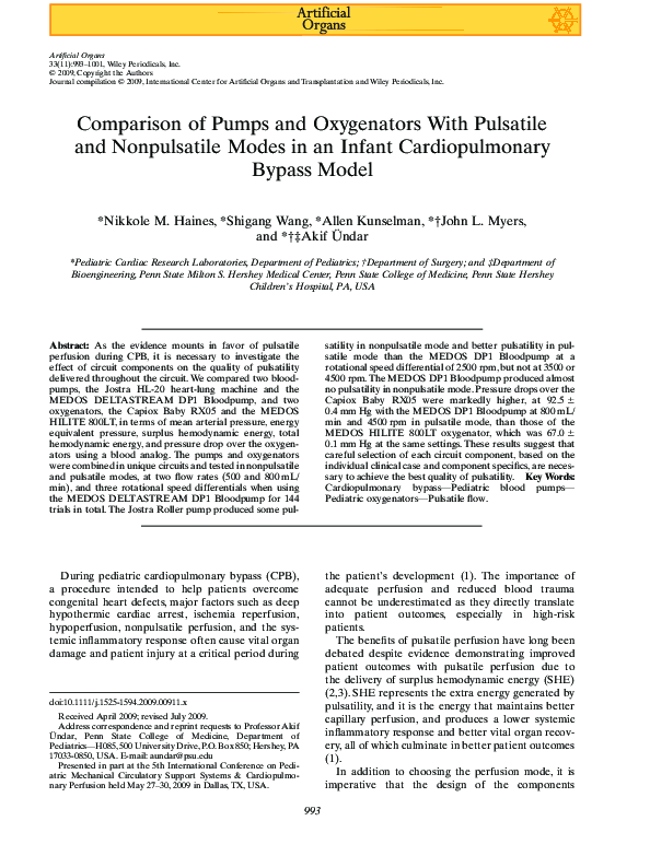 (PDF) Comparison of Pumps and Oxygenators With Pulsatile and ...