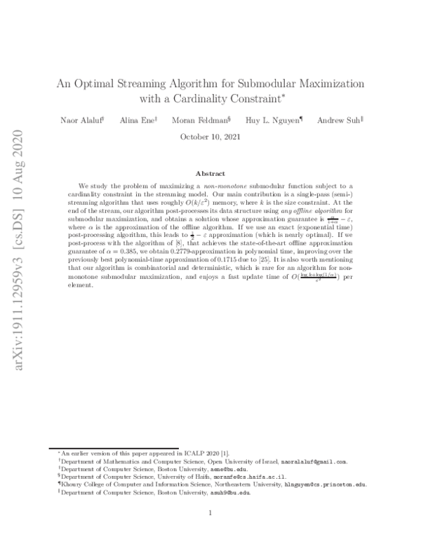 (PDF) An Optimal Streaming Algorithm for Non-monotone Submodular ...