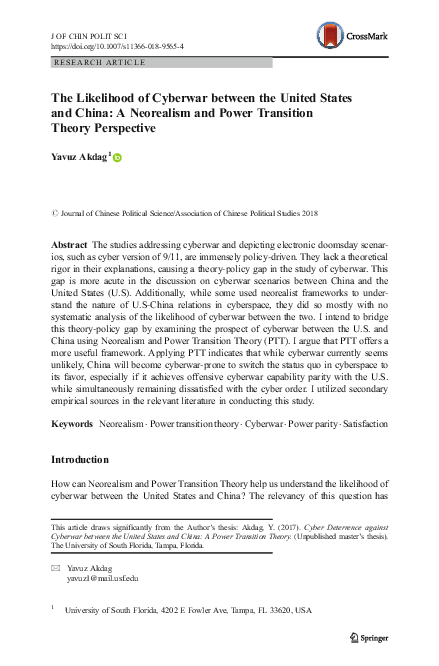 (PDF) The Likelihood of Cyberwar between the United States and China: A ...