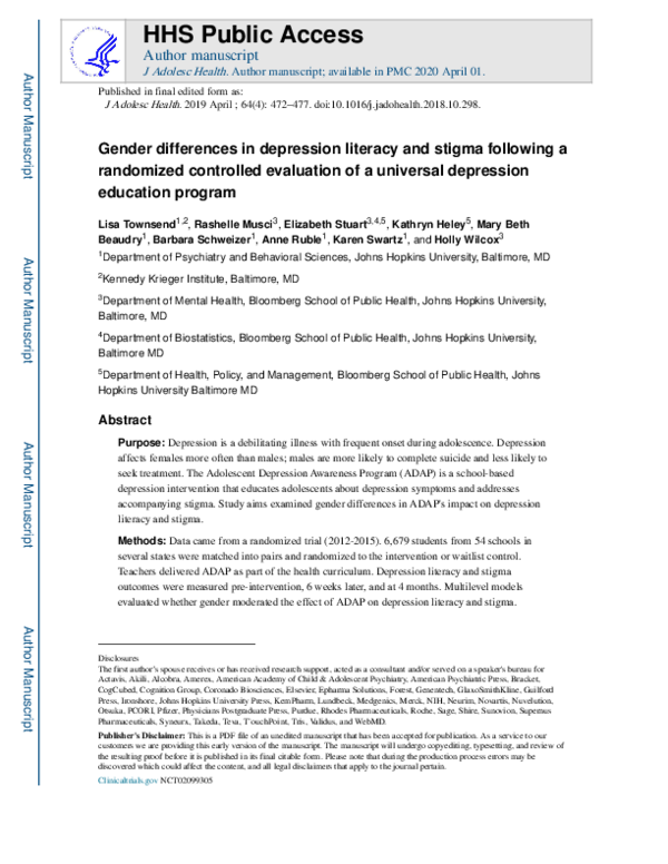 (PDF) Gender Differences in Depression Literacy and Stigma After a ...