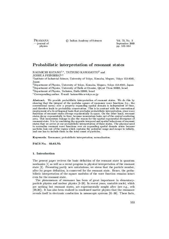 (PDF) physics pp. 553–564 Probabilistic interpretation of resonant states