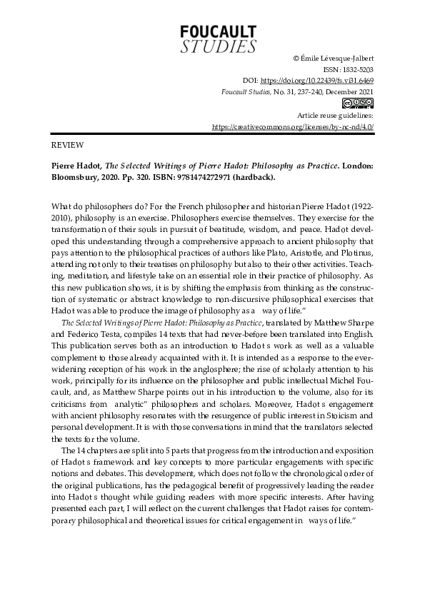 (PDF) Pierre Hadot, The Selected Writings of Pierre Hadot Philosophy