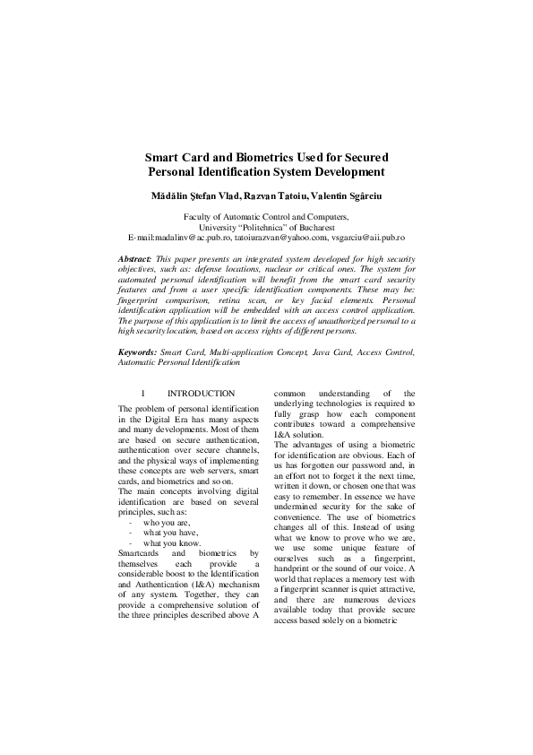 (PDF) Smart Card and Biometrics Used for Secured Personal ...