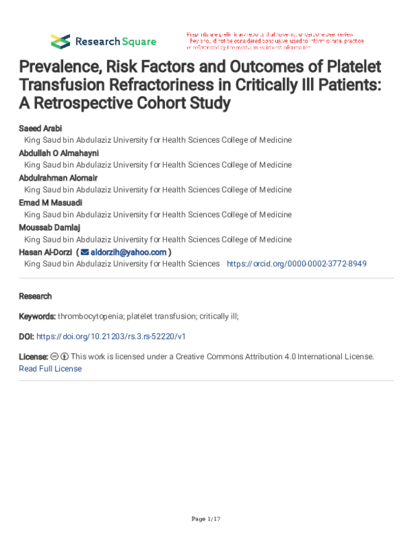 (PDF) Prevalence, Risk Factors and Outcomes of Platelet Transfusion ...