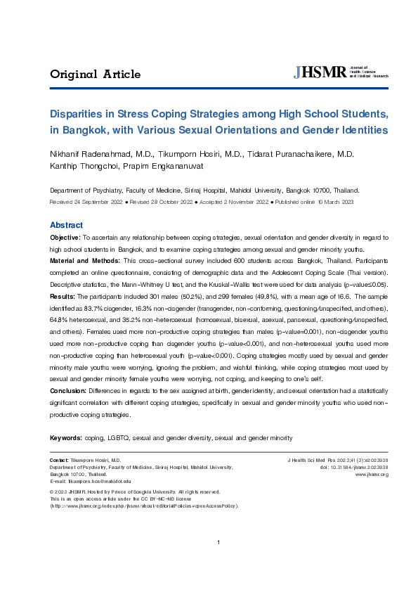 (PDF) Disparities in Stress Coping Strategies among High School ...