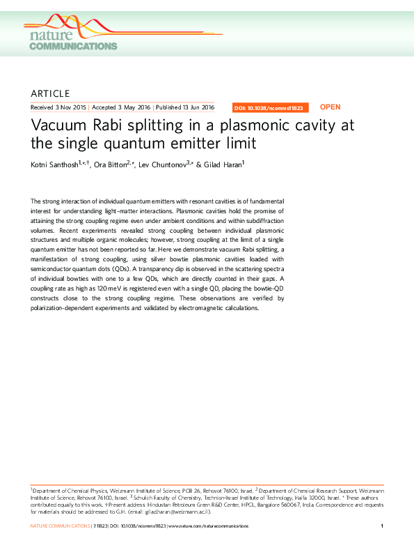 (PDF) Vacuum Rabi splitting in a plasmonic cavity at the single quantum ...