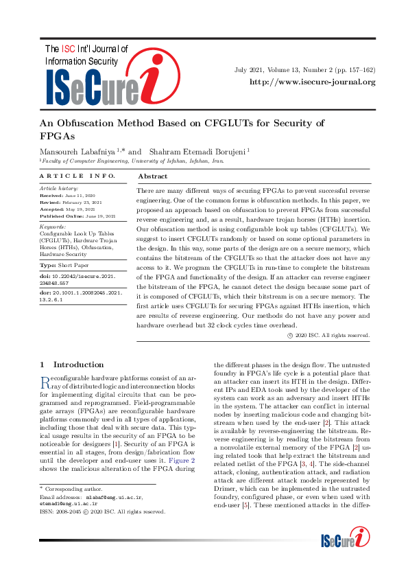 (PDF) An Obfuscation Method Based on CFGLUTs for Security of FPGAs