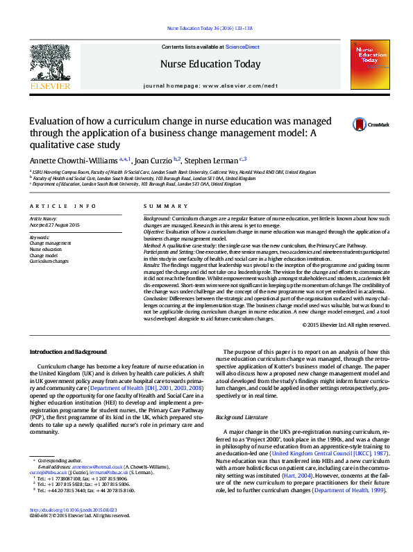 (PDF) Evaluation of how a curriculum change in nurse education was managed through the