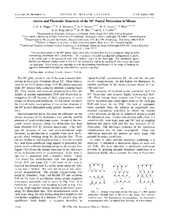 (PDF) Atomic and electronic structures of the 90° partial dislocation ...