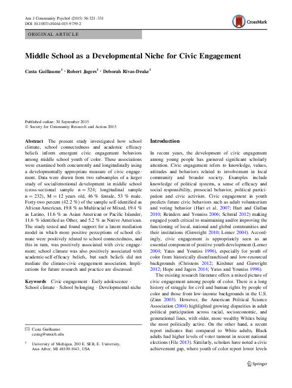 (PDF) Middle School as a Developmental Niche for Civic Engagement