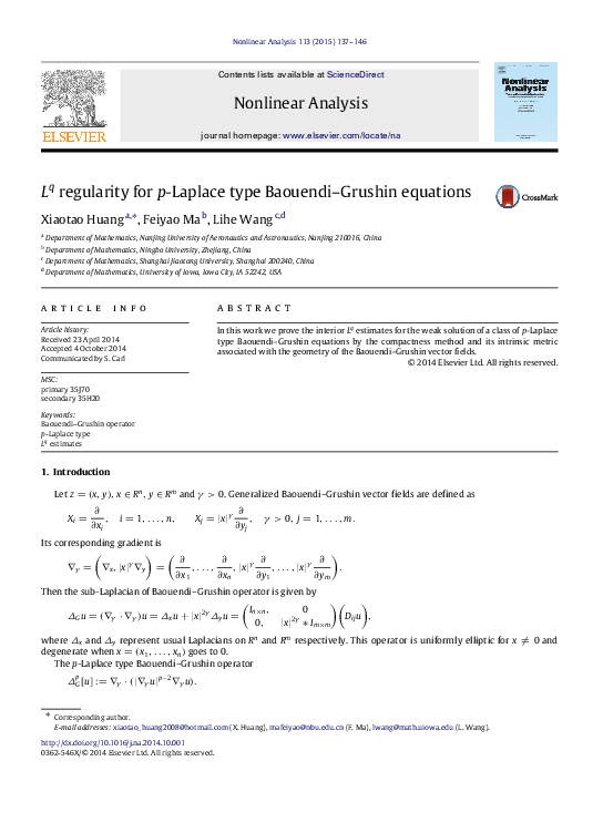 (PDF) Lq regularity for p-Laplace type Baouendi–Grushin equations
