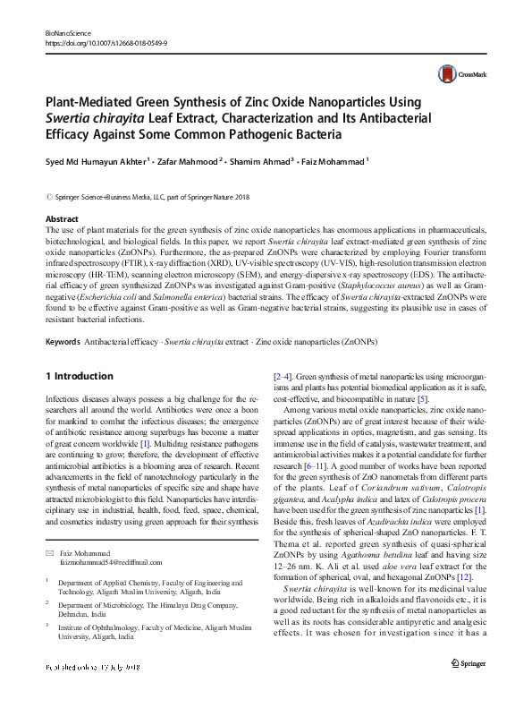 (PDF) Plant-Mediated Green Synthesis of Zinc Oxide Nanoparticles Using ...