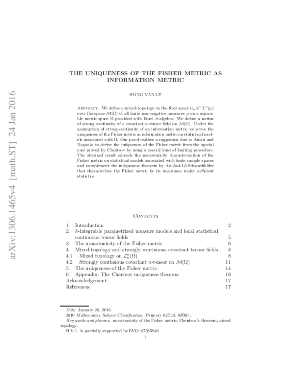 (PDF) The uniqueness of the Fisher metric as information metric