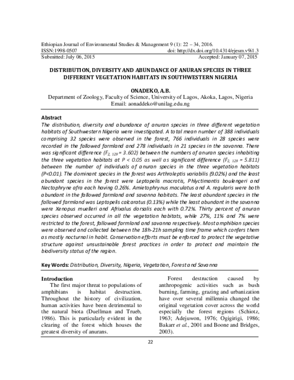 (PDF) Distribution, diversity and abundance of anuran species in three ...