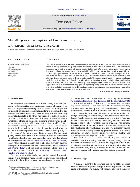 (PDF) Modelling user perception of bus transit quality