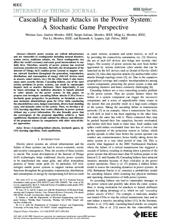(PDF) Cascading Failure Attacks in the Power System: A Stochastic Game ...